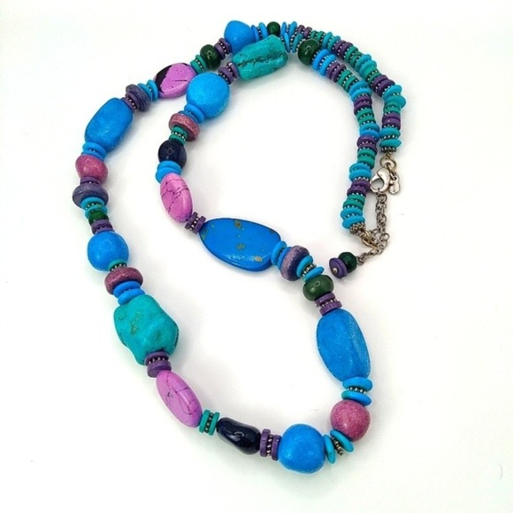 Vintage Turquoise, Purple, Green Stone Beaded Long Statement Necklace - Picture 3 of 4